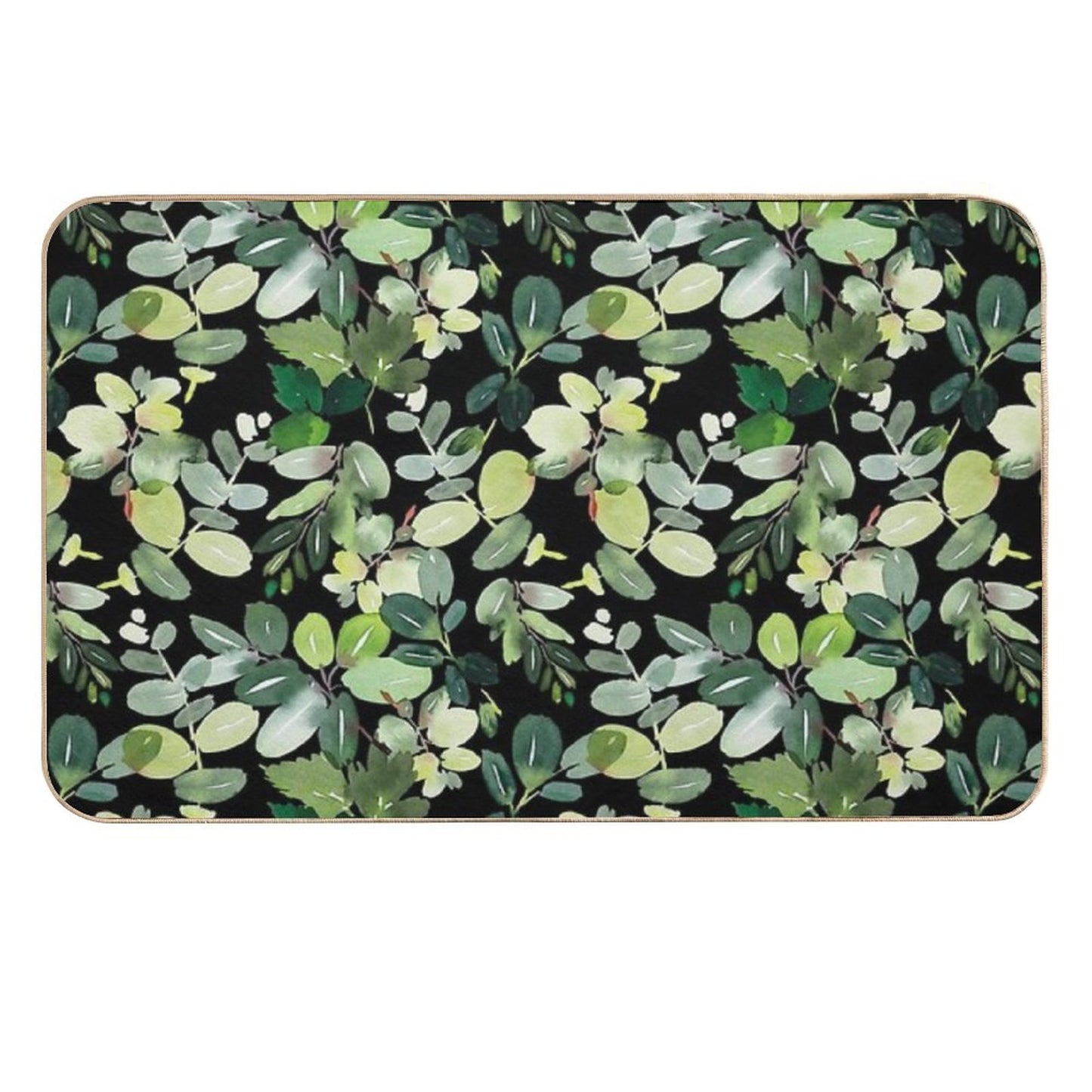Green Foliage on Black  Toxin-Free Bath Mat