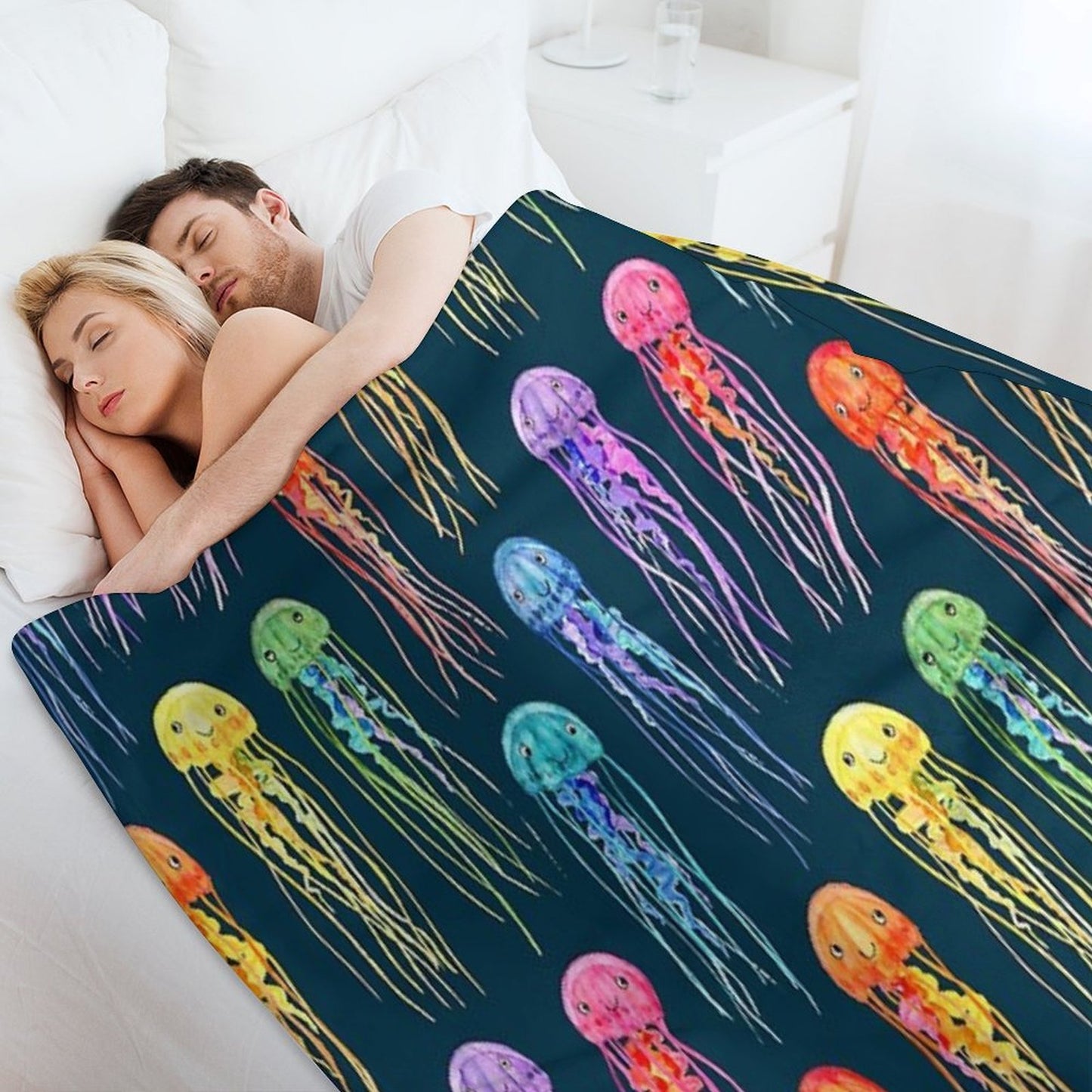 Rainbow Watercolor Jellies on Dark Teal Velvety-soft Throw Blanket