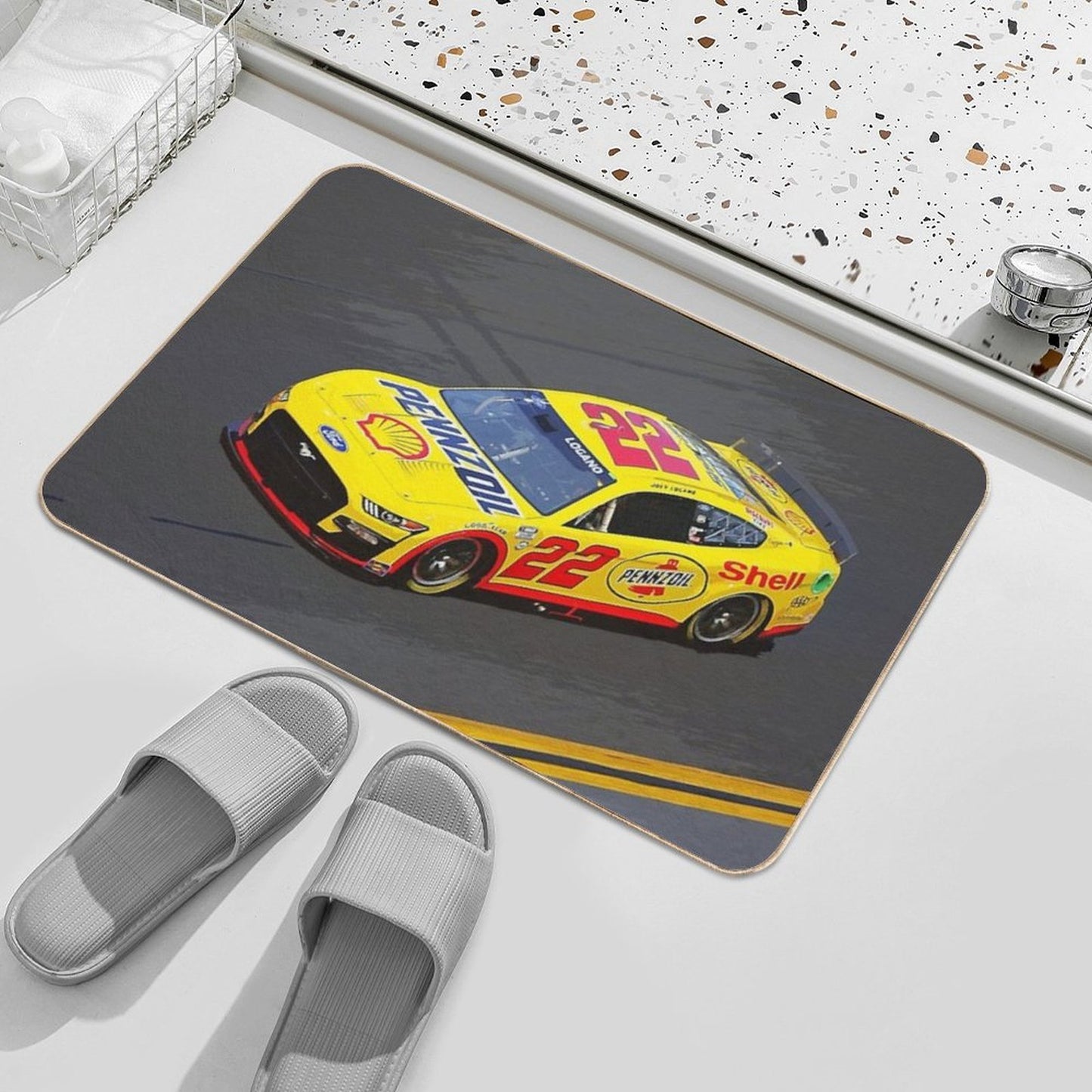 Joey Logano Racing His 2023 Nascar Racecar from Above  Slip-Resistant Bath Mat