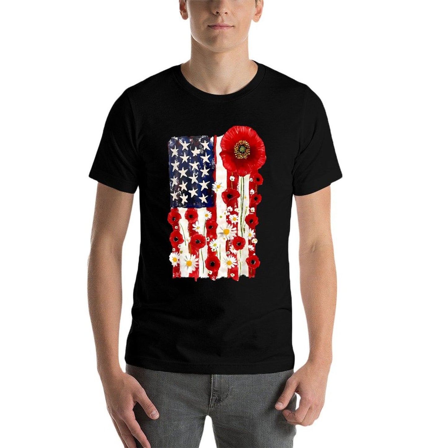 Red Poppy Flower US Patriotic Veterans Day Memorial Day  Heathered Texture T-Shirt