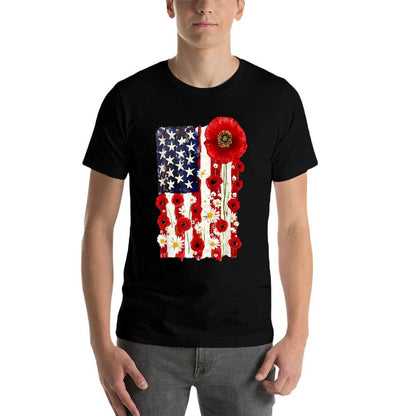 Red Poppy Flower US Patriotic Veterans Day Memorial Day  Heathered Texture T-Shirt