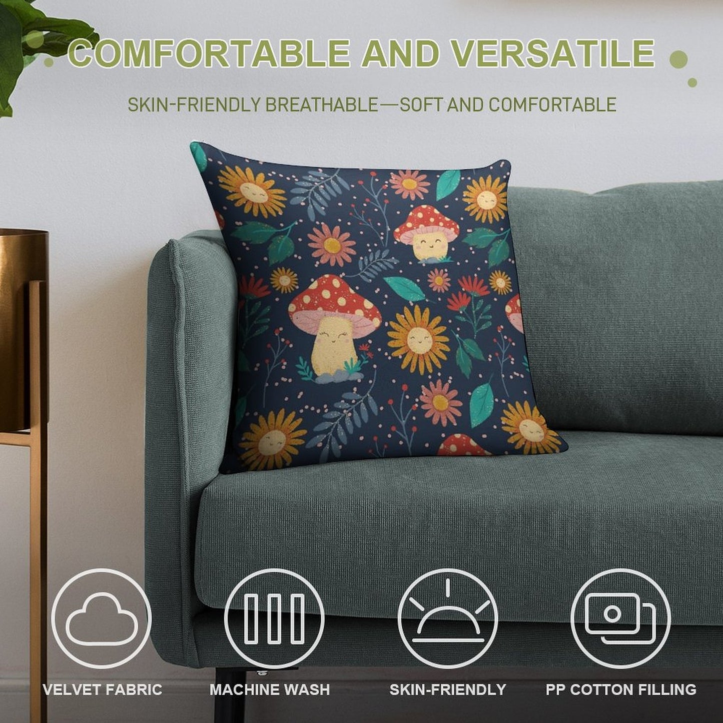 Floral Cute Mushrooms Soft Fade-Resistant Throw Pillow