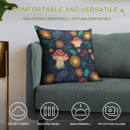 Floral Cute Mushrooms Soft Fade-Resistant Throw Pillow