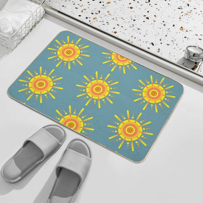 Yellow Sun Pattern Retro Style Design Blue  High-Traffic Bath Mat