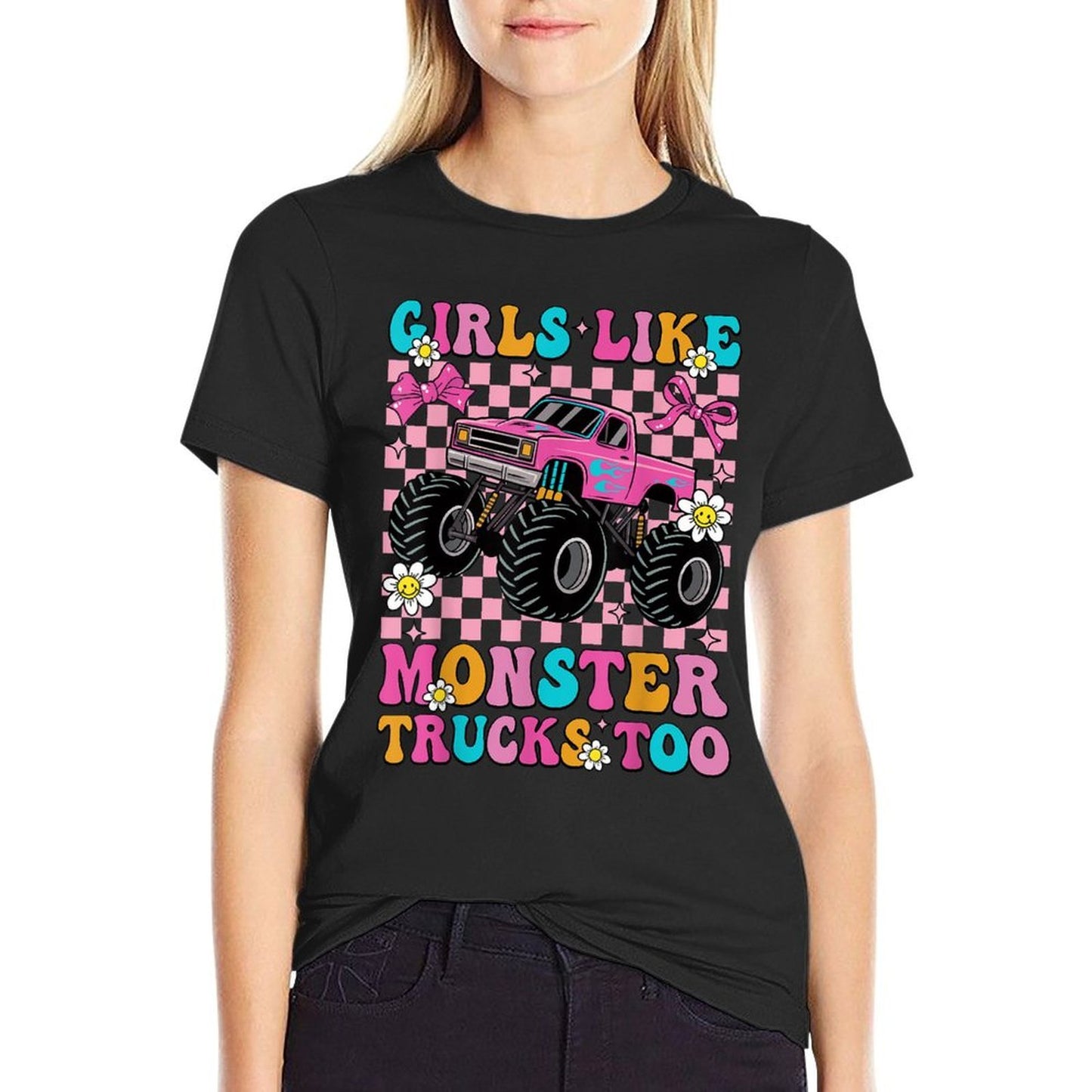 Girls Like Monster Trucks Too Groovy Monster Truck Girls  Trendy Pattern T-Shirt
