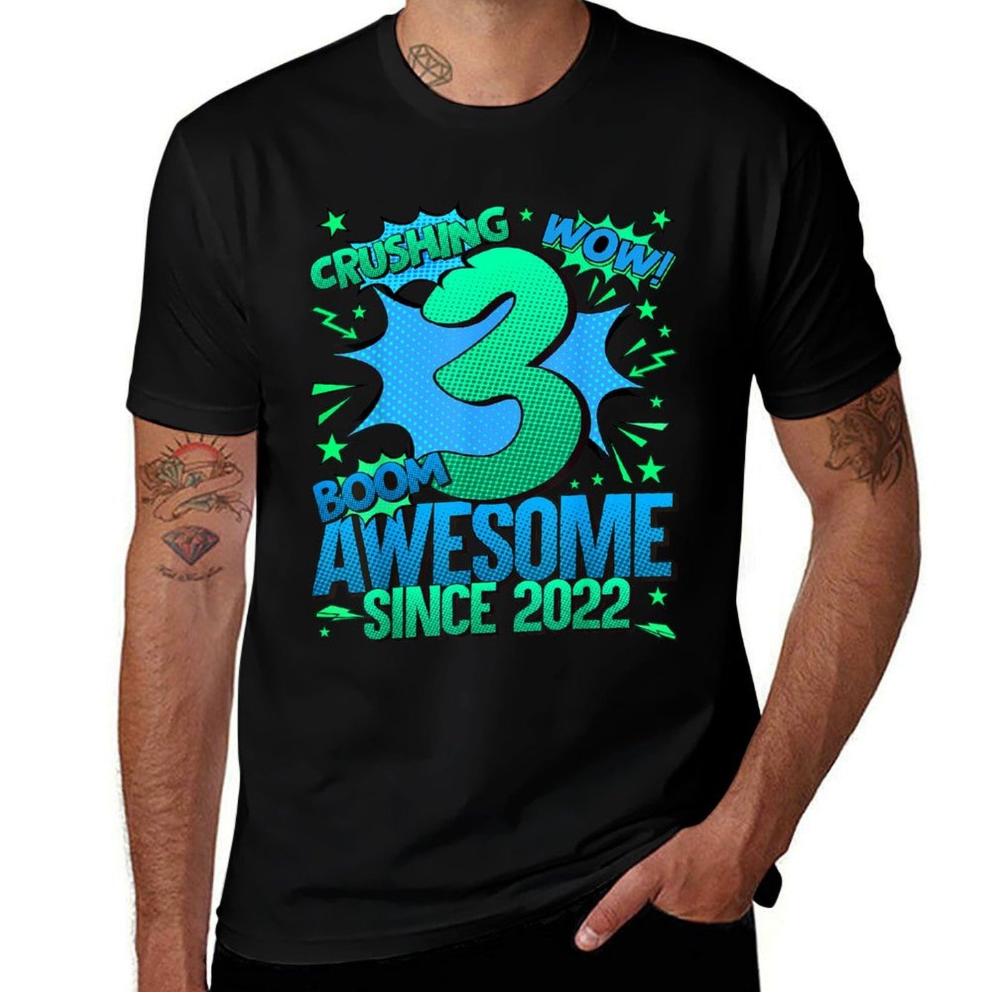 Comics Style 2025 Birthday Gifts HH 3 Year Old Boy Black  Relaxed-fit T-Shirt