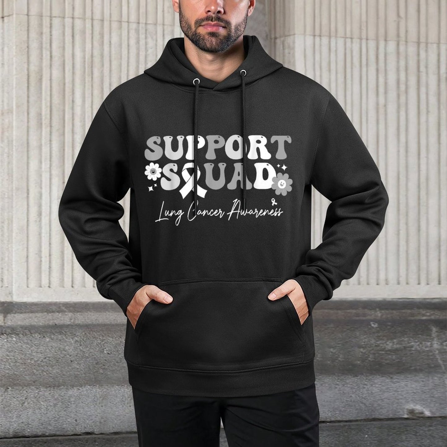 Groovy Support Squad Lung Cancer Awareness White Ribbon Shrink-Resistant Hoodie