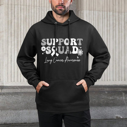 Groovy Support Squad Lung Cancer Awareness White Ribbon Shrink-Resistant Hoodie