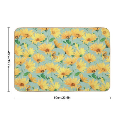 Painted Golden Yellow Daisies on Soft Sage Green  Long-Lasting Bath Mat
