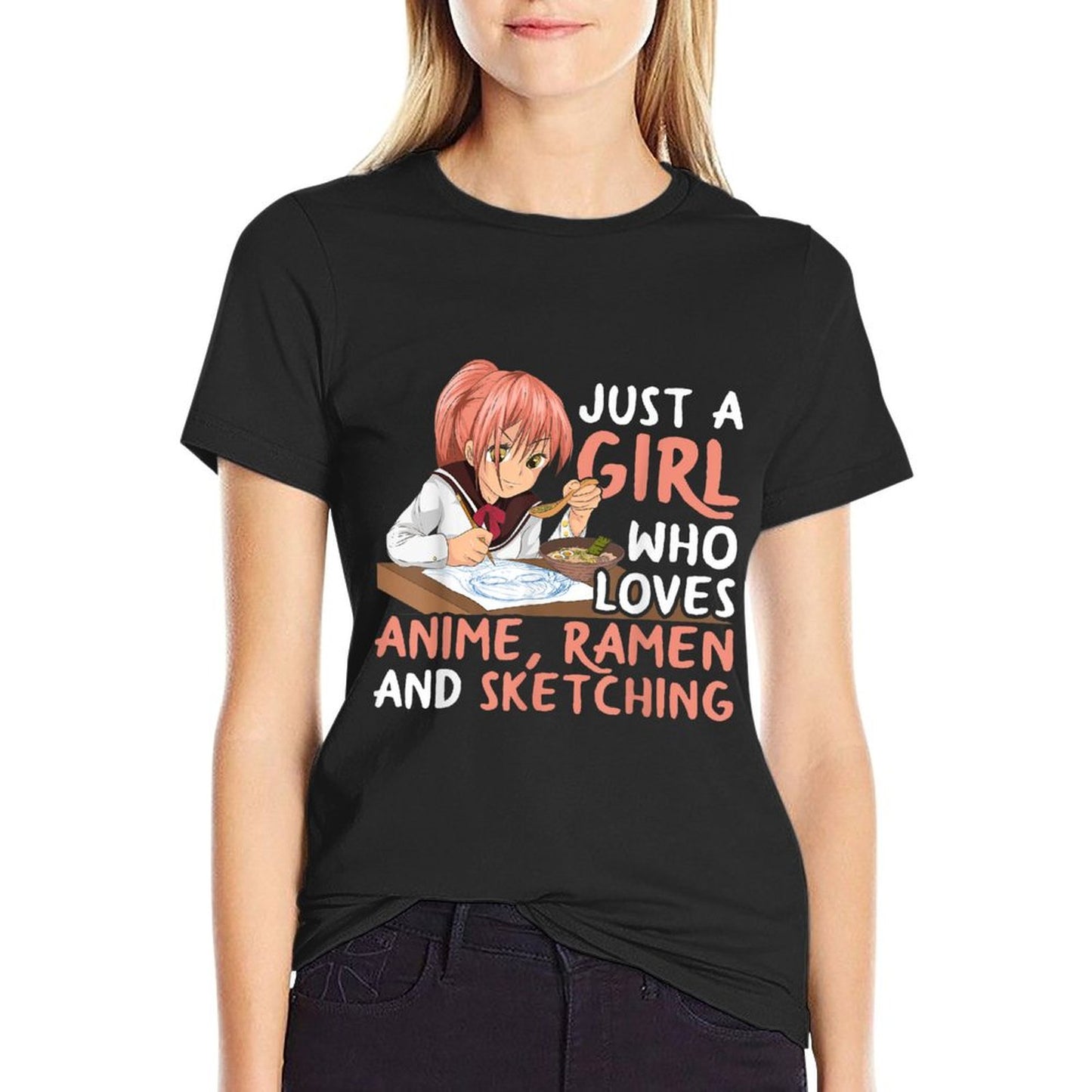 Just A Girl Who Loves Anime Ramen And Sketching Japan Anime Rolled Sleeves T-Shirt