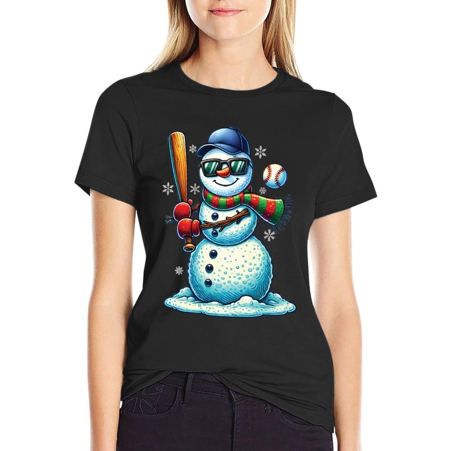 Snowman Playing Baseball Lovers Boys Kidsns Christmas  High-quality Stitching T-Shirt