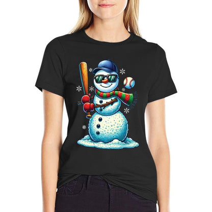 Snowman Playing Baseball Lovers Boys Kidsns Christmas  High-quality Stitching T-Shirt