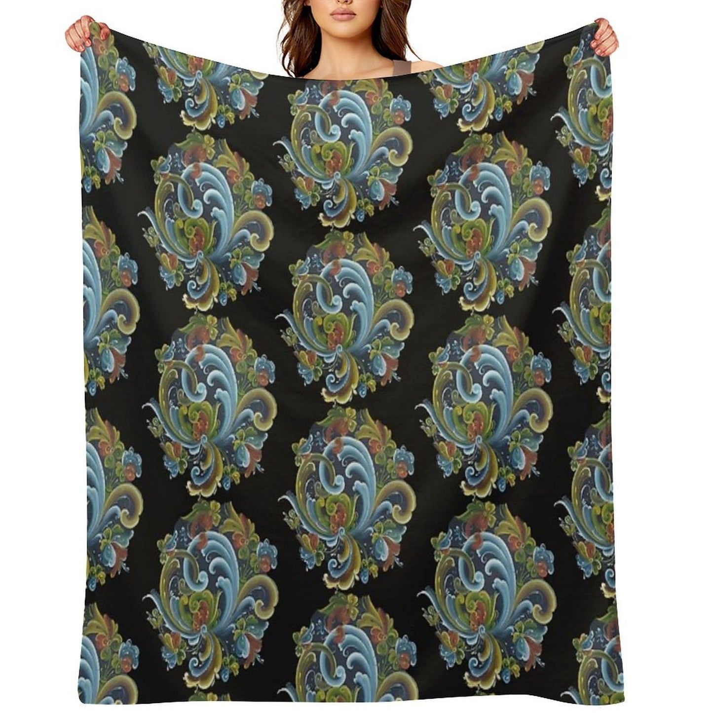 Traditional Norwegian Telemark Rosemaling Velvety-soft Throw Blanket