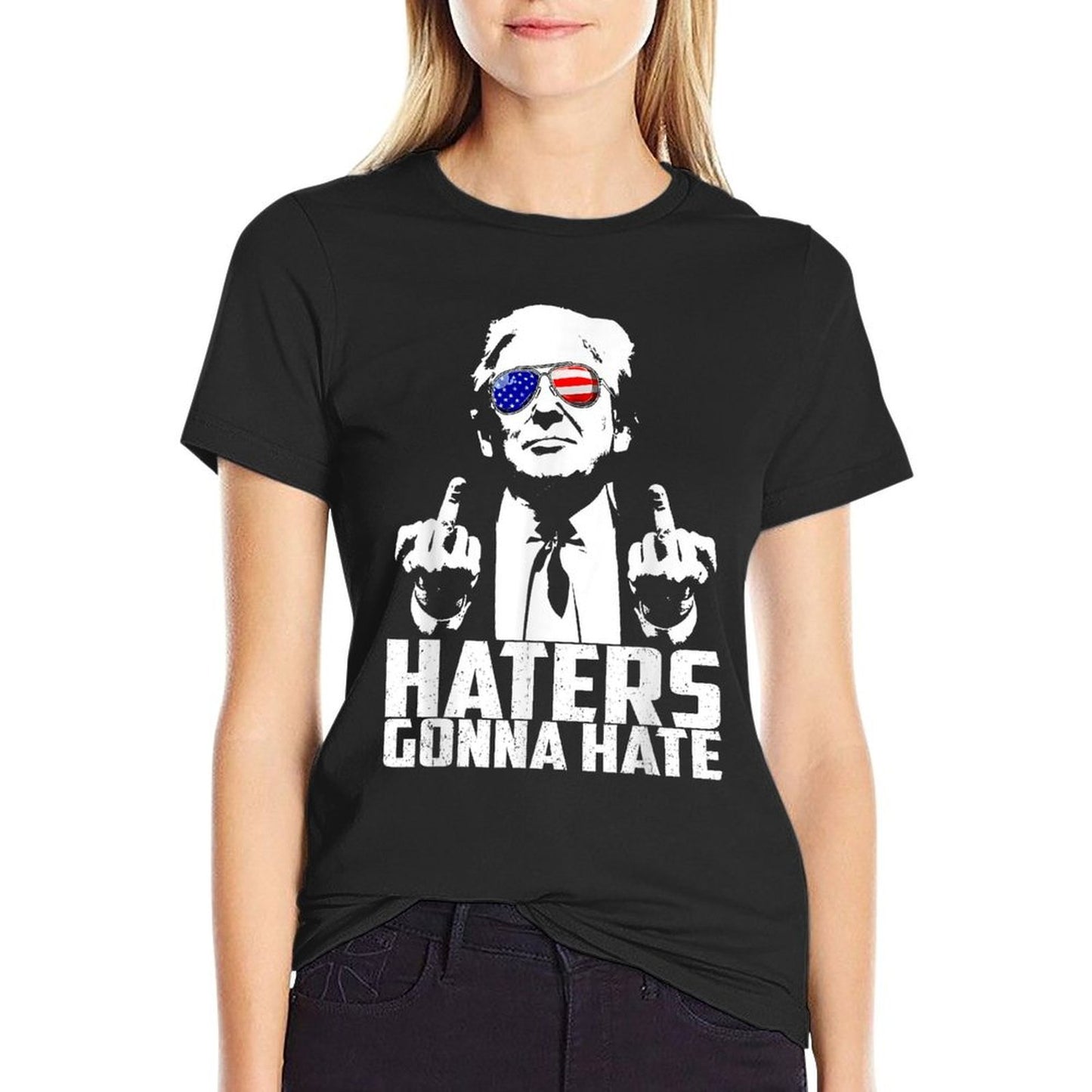 Funny Haters Gonna Hate President Donald Trump Middle Finger  Trendy Pattern T-Shirt