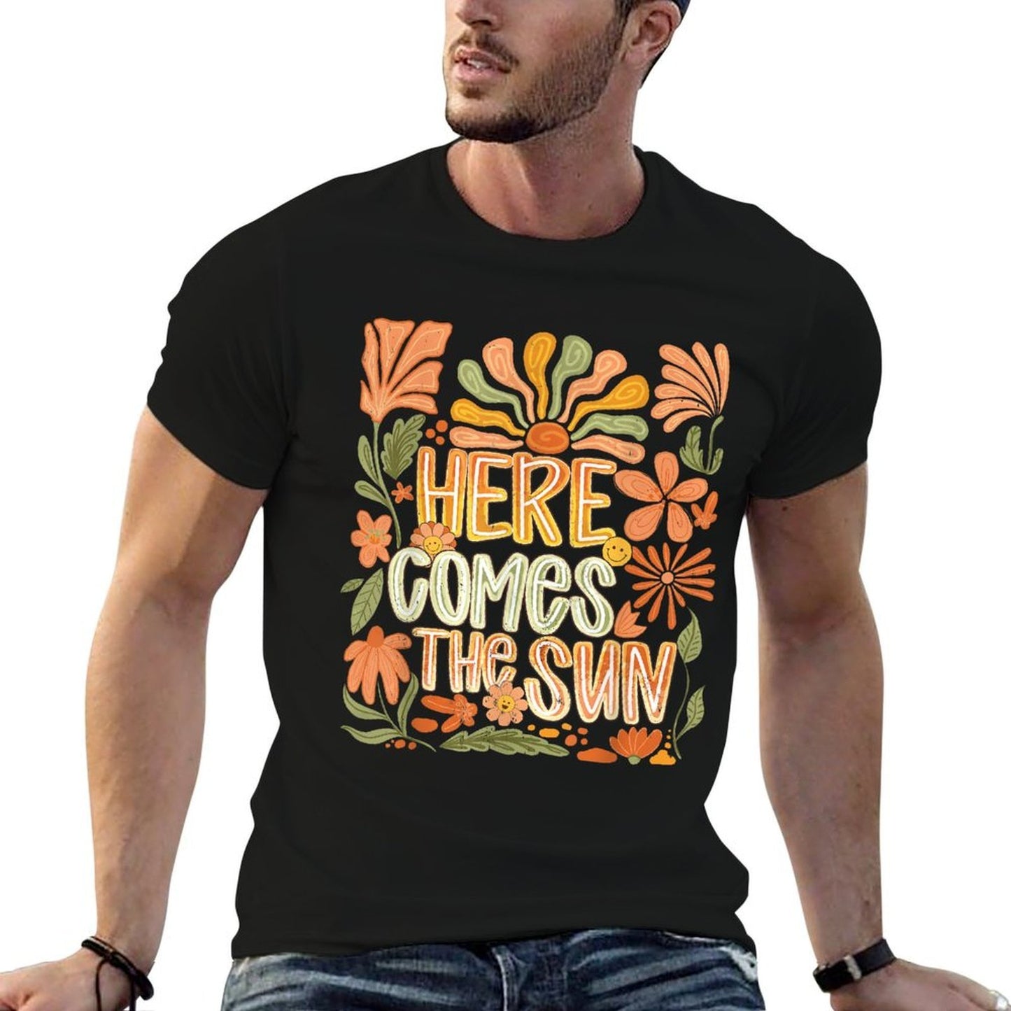 Here Comes Summer The Sun Boho Floral Motivational Quote  Rolled Sleeves T-Shirt