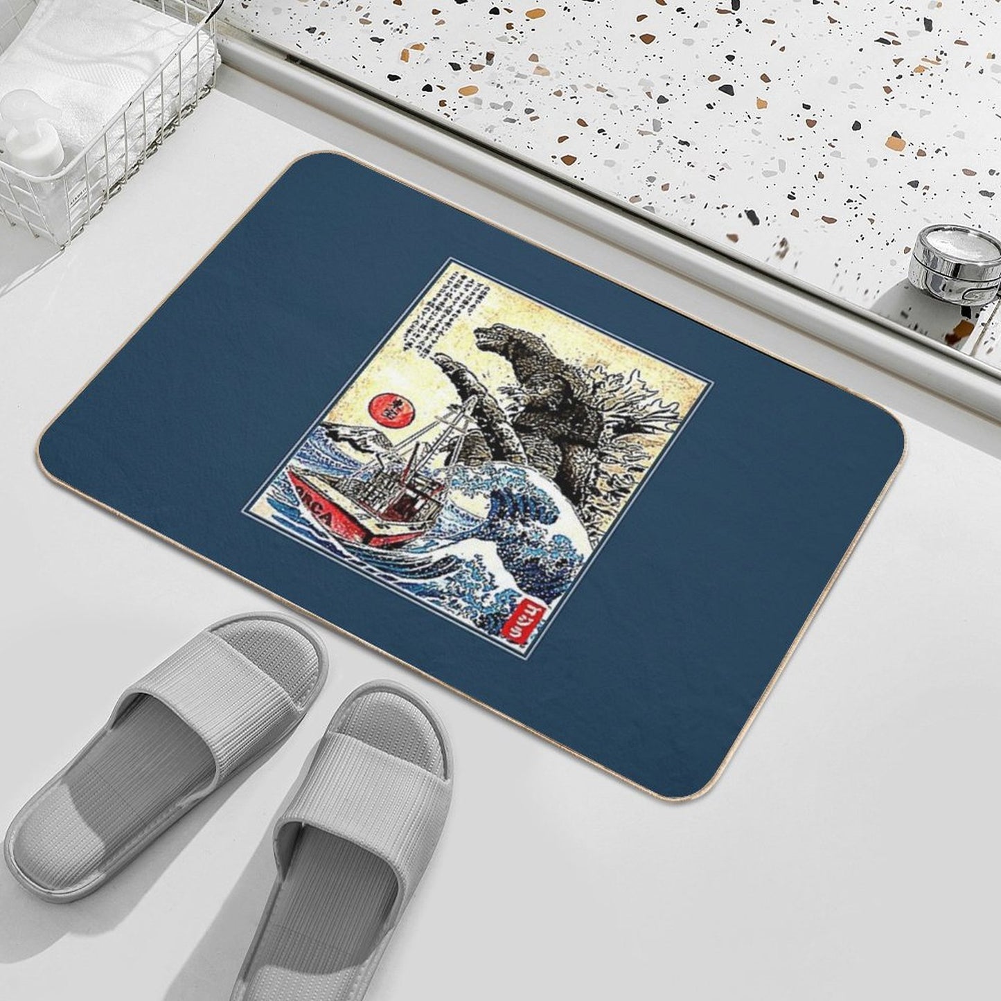 Orca in Japan Woodblock  Repositionable Bath Mat
