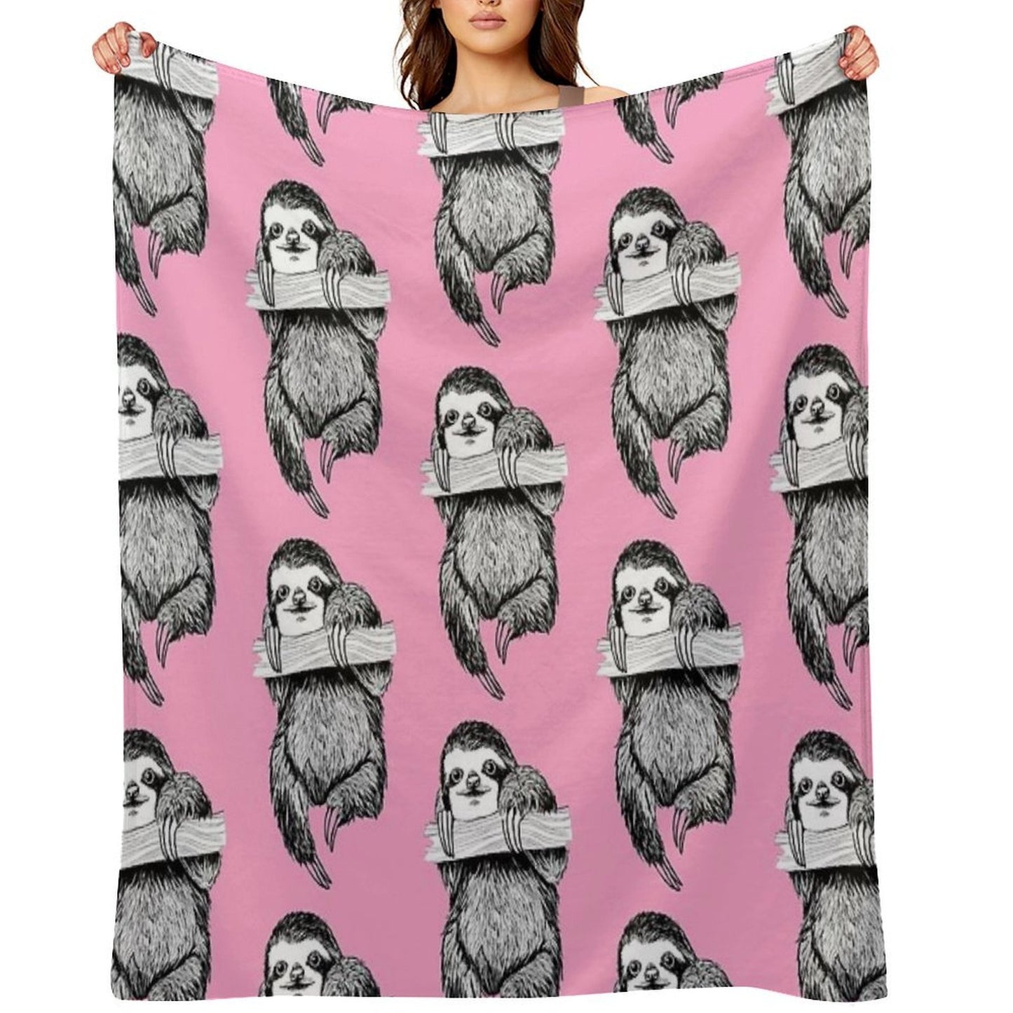 SLOTH HANGING OUT ON CARNATION PINK Velvety-soft Throw Blanket