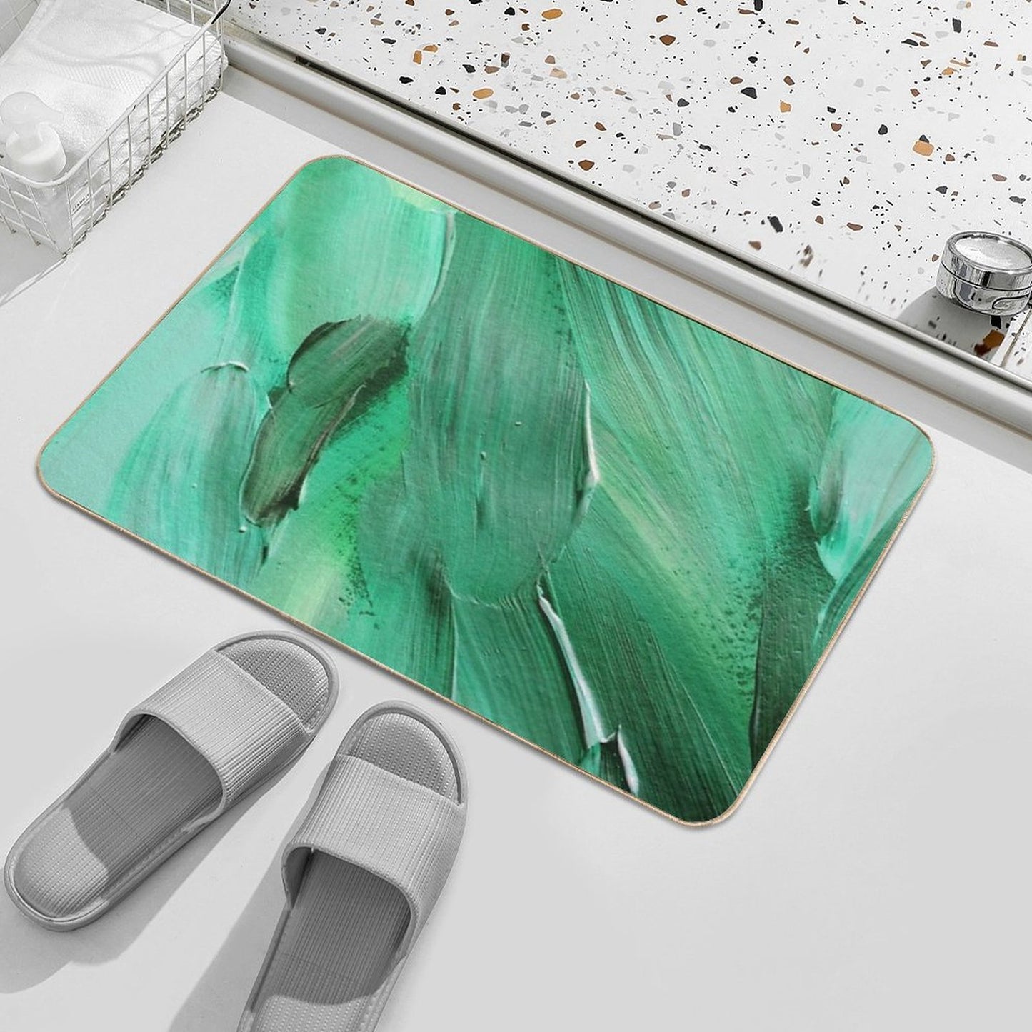 Sea Foam Green And Jade-Hues Abstract Painting  Stain-Proof Bath Mat