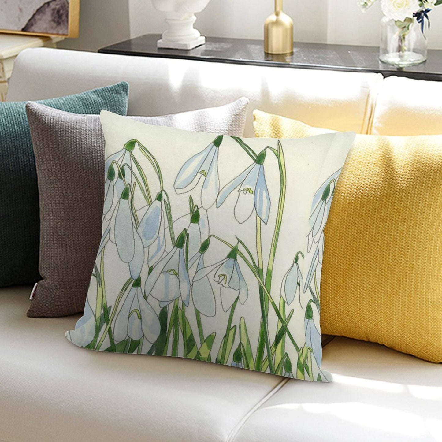 Snowdrops Watercolour Painting Soft High-Density Material Throw Pillow