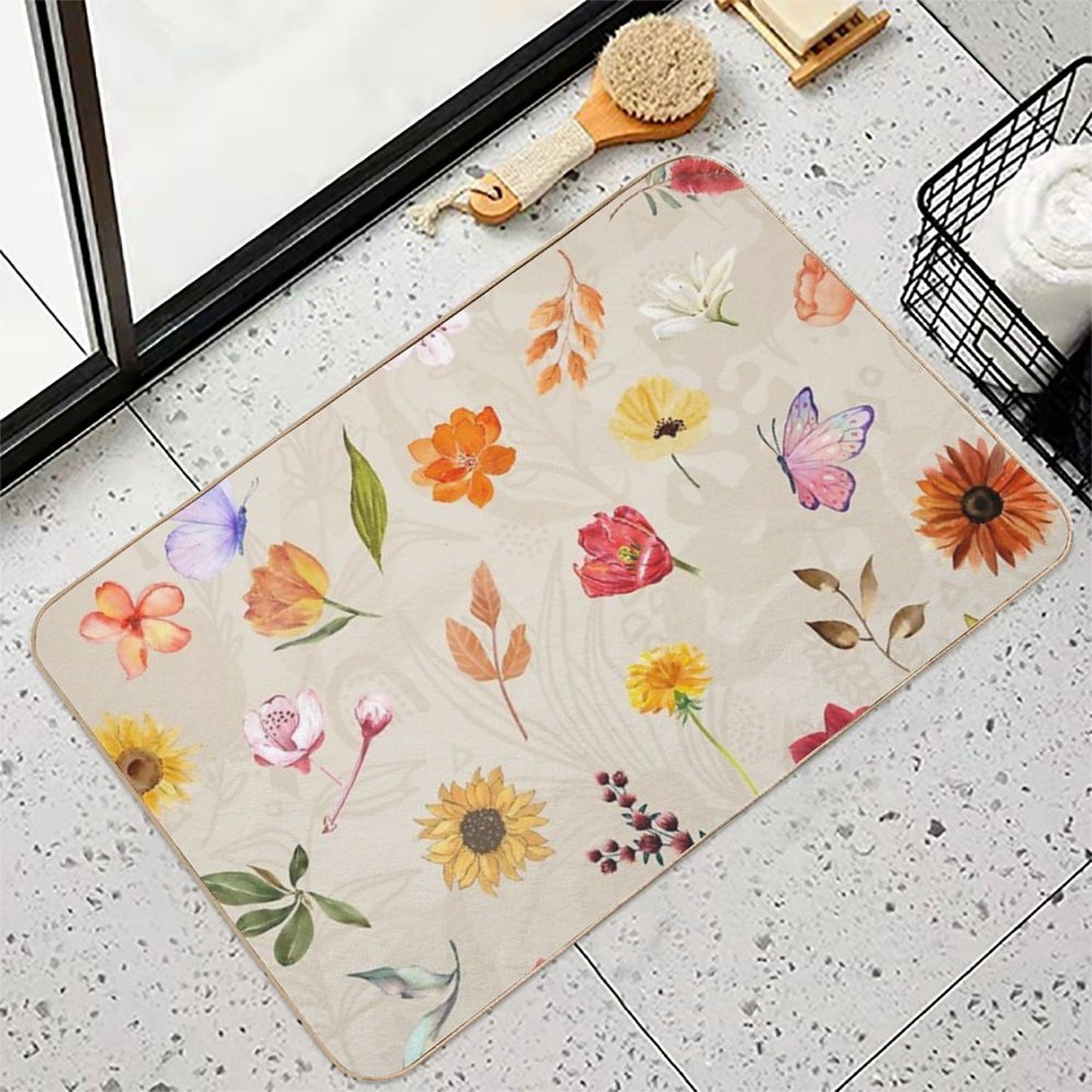 Beautiful Ivory Watercolour Wildflower  Anti-Trip Bath Mat