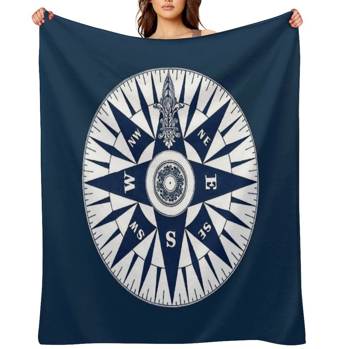 Ornate Vintage Nautical Compass on Navy Blue Premium Throw Blanket