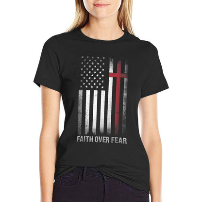 Christian US USA Flag American Christ Faith Over Fear Cross  Breathable T-Shirt