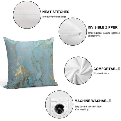 Marble Design - Gold Effect - Turquoise Blue, Teal Marbling Soft Ultra-Soft Texture Throw Pillow