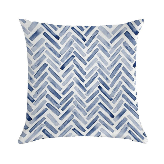Indigo Blue Watercolor Herringbone Chevron Soft Reinforced Edging Throw Pillow
