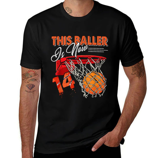 14th Birthday Basketball Funny 14 Years Old Kids Gift  Ribbed Collar T-Shirt