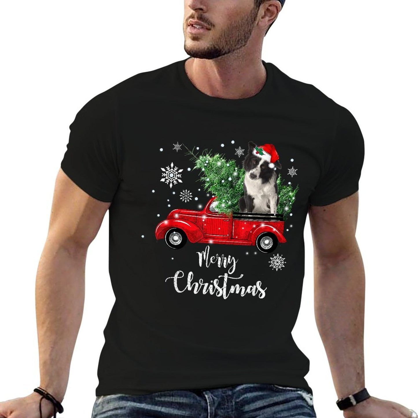 Red Truck Merry Christmas Tree Border Collie Dog Christmas  Ribbed Collar T-Shirt