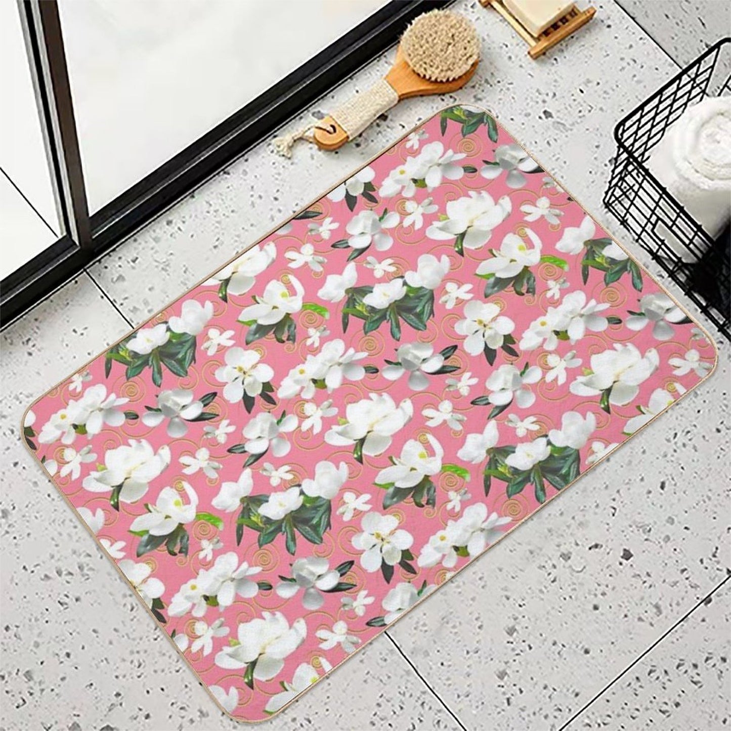 Bright Magnolia Floral Halfdrop on Pink F4849c  Easy Maintenance Bath Mat