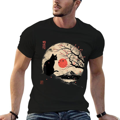 Black Cat Vintage Japan Art Japanese Theme Retro Print  Cotton T-Shirt