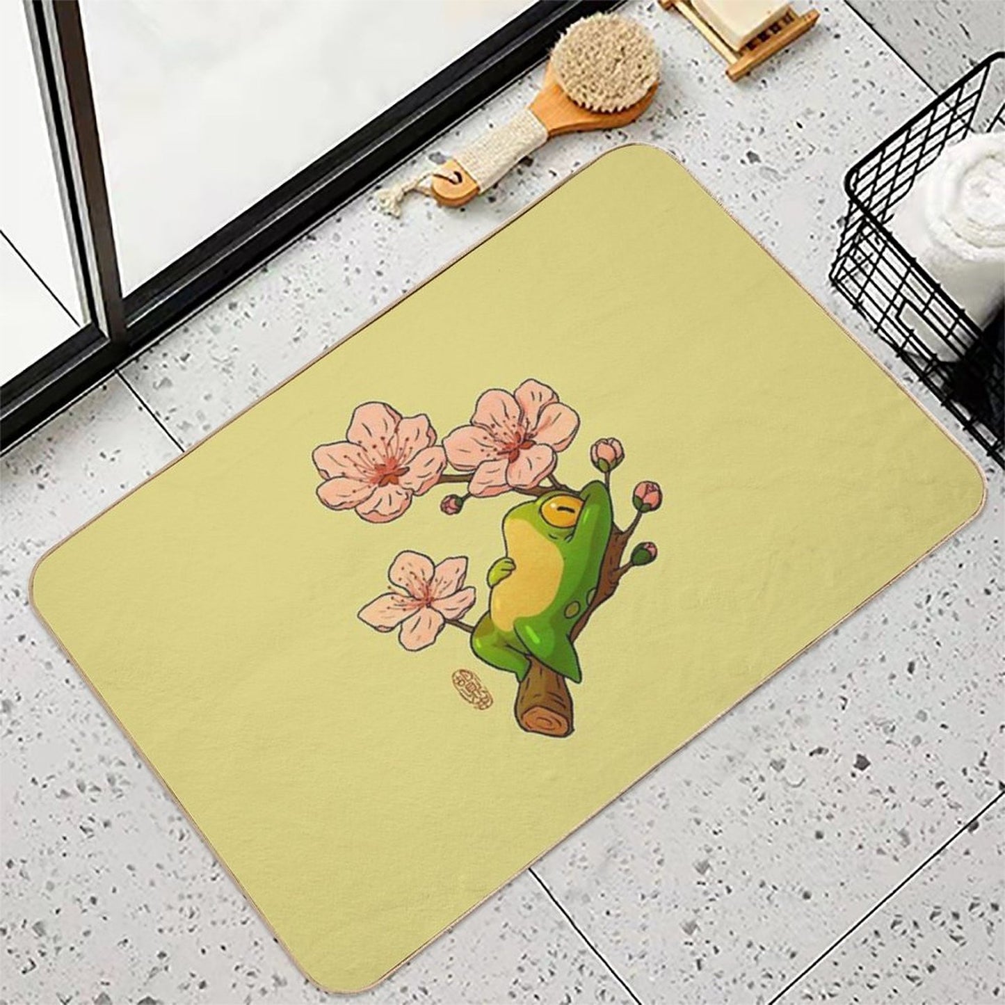 Relaxing Frog on Branch with Cherry Blossoms – Cute Asian Style Frog Illustration  Rapid-Drying Bath Mat