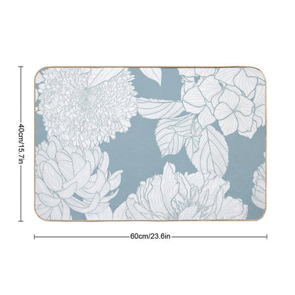 Garden Flower Illustration. Line  Vintage Seamless Pattern.  Chrysathemum, Hydrangea, Peony Spring Line Illustration. Durable Bath Mat
