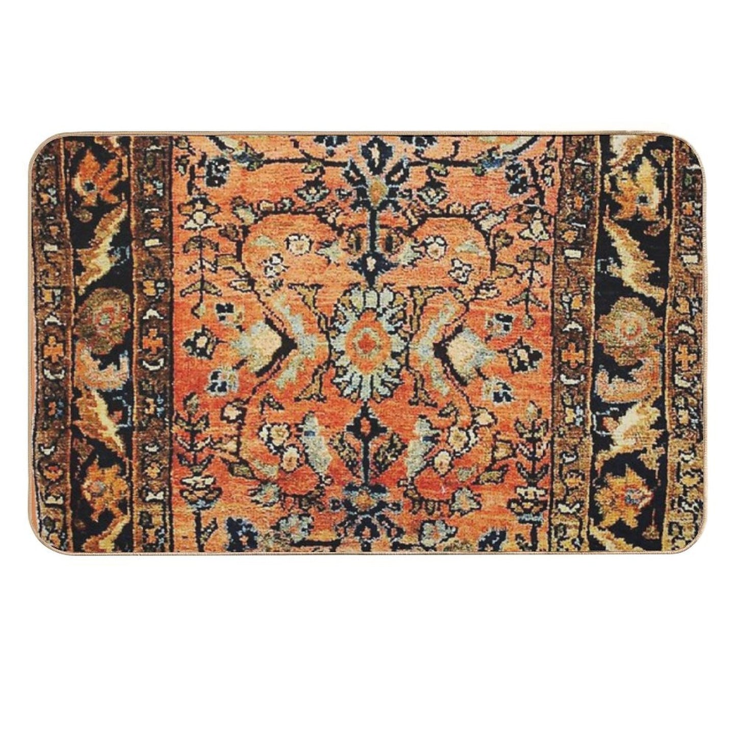 Tabriz Rug Print With Burnt Orange Field Print  Easy To Clean Bath Mat