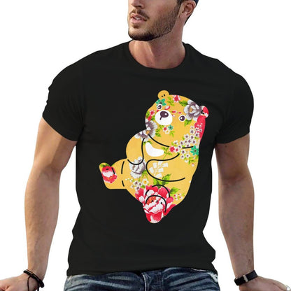 Taiwan Flower Cloth Pattern, Bear, Yellow, Guest Flower Cloth, Taiwan Miscellaneous Goods, Taiwan Style, Cute, Stylish  Rolled Sleeves T-Shirt