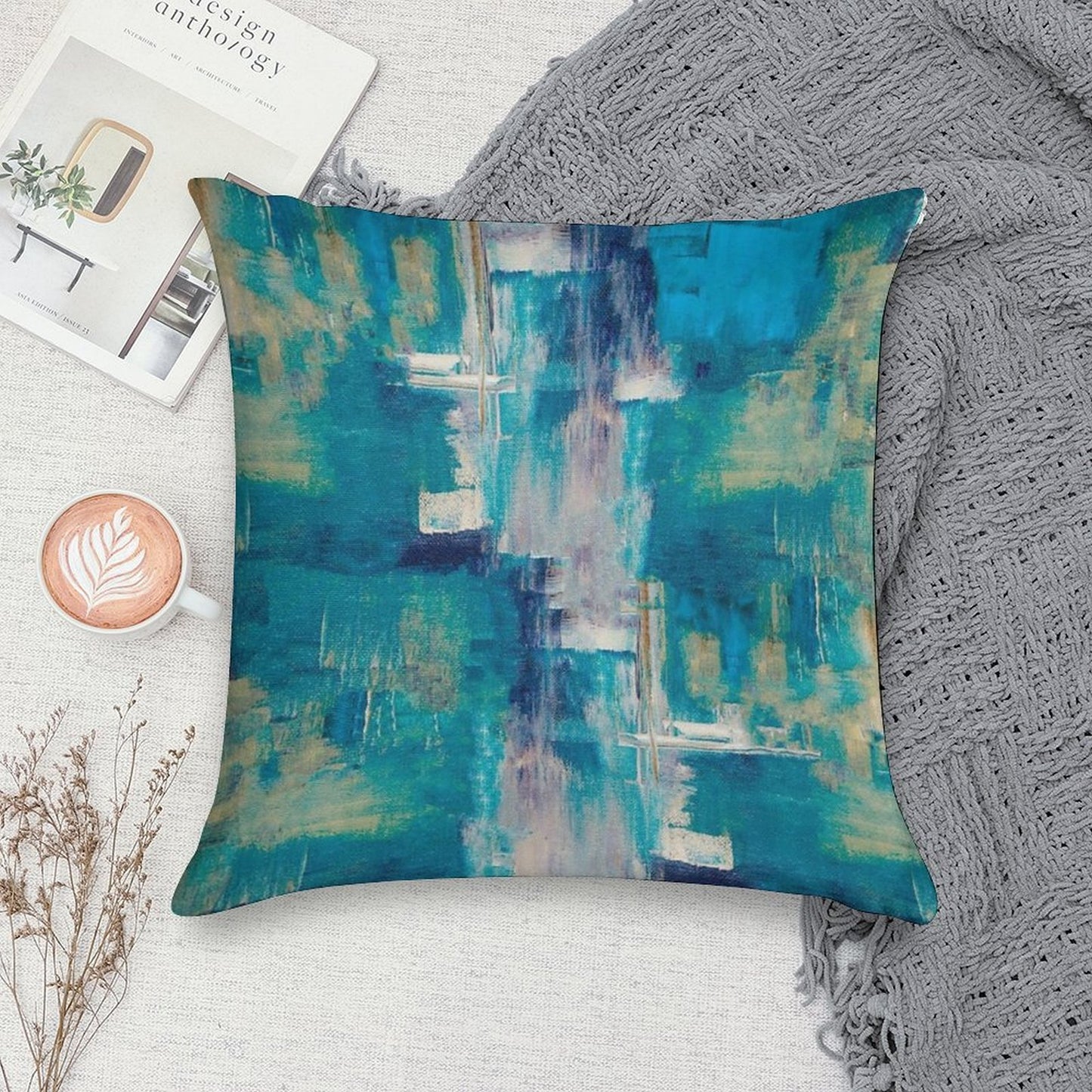 Teal And Gold, Blue Abstract Paint Modern Soft Ultra-Soft Texture Throw Pillow