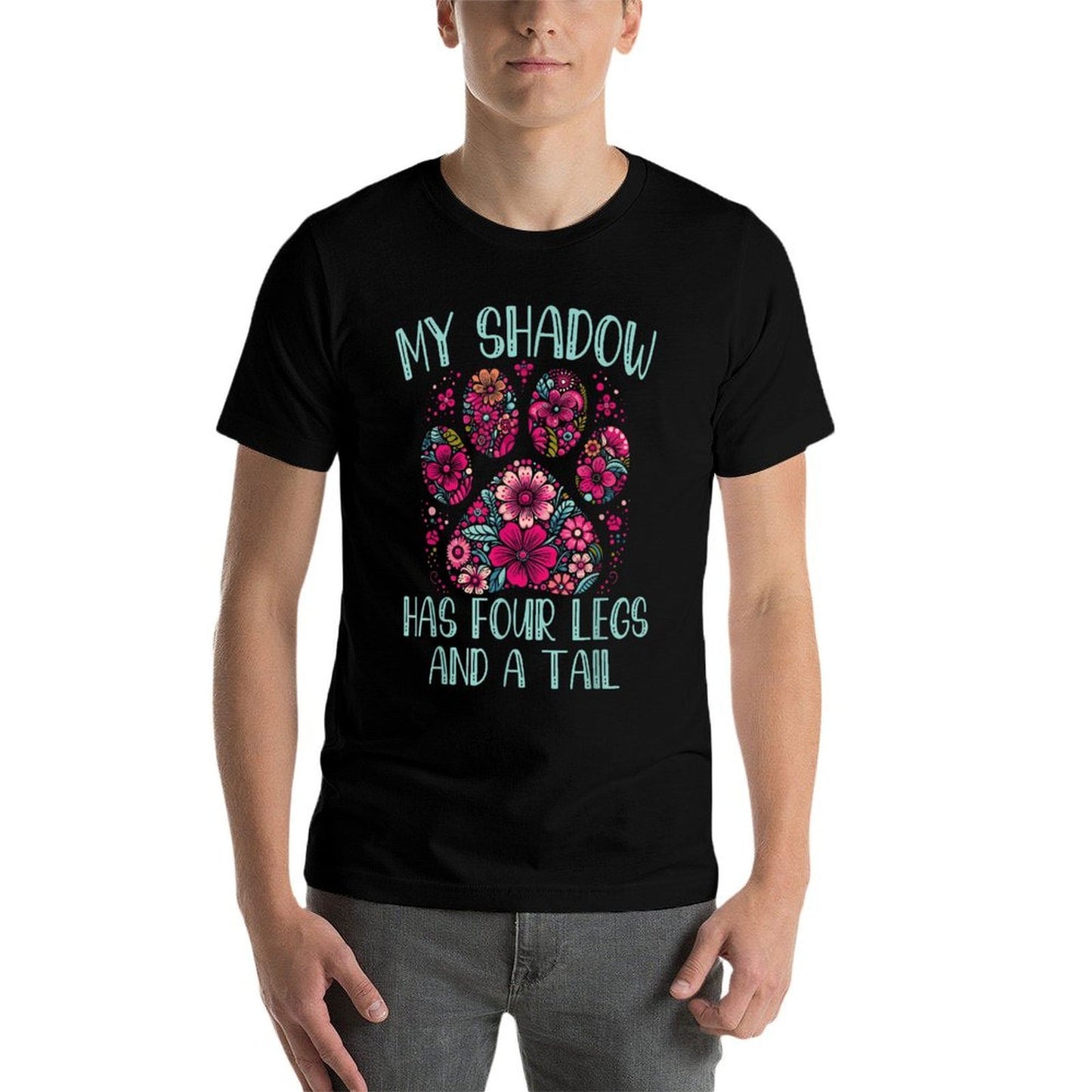 My Shadow Has Four Legs And A Tail Floral Paw Pattern  Ribbed Collar T-Shirt