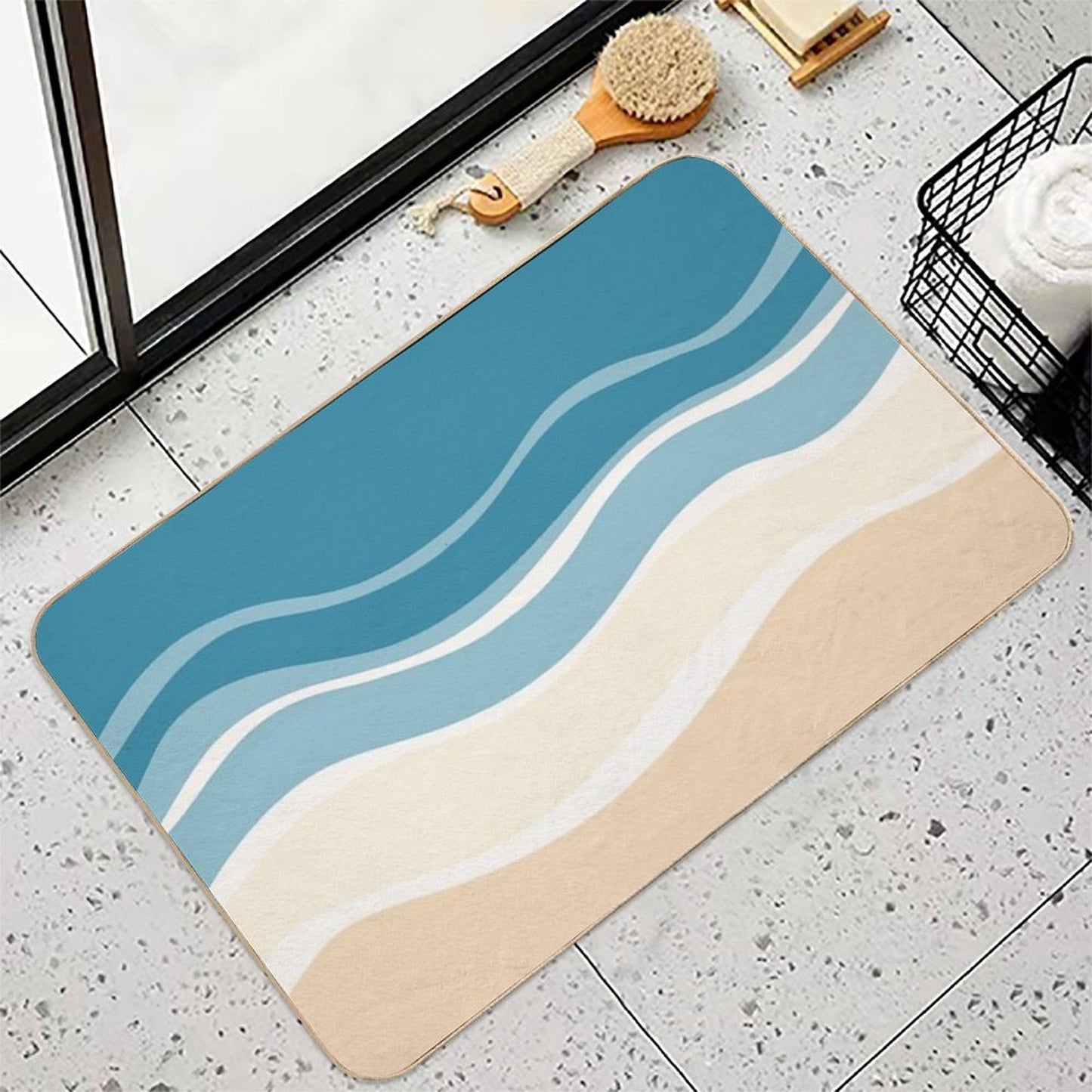 A Design of A Pattern Where Waves Meet The Sandy Shore, Incorporating Beige And Blue Tone.  Odorless Bath Mat