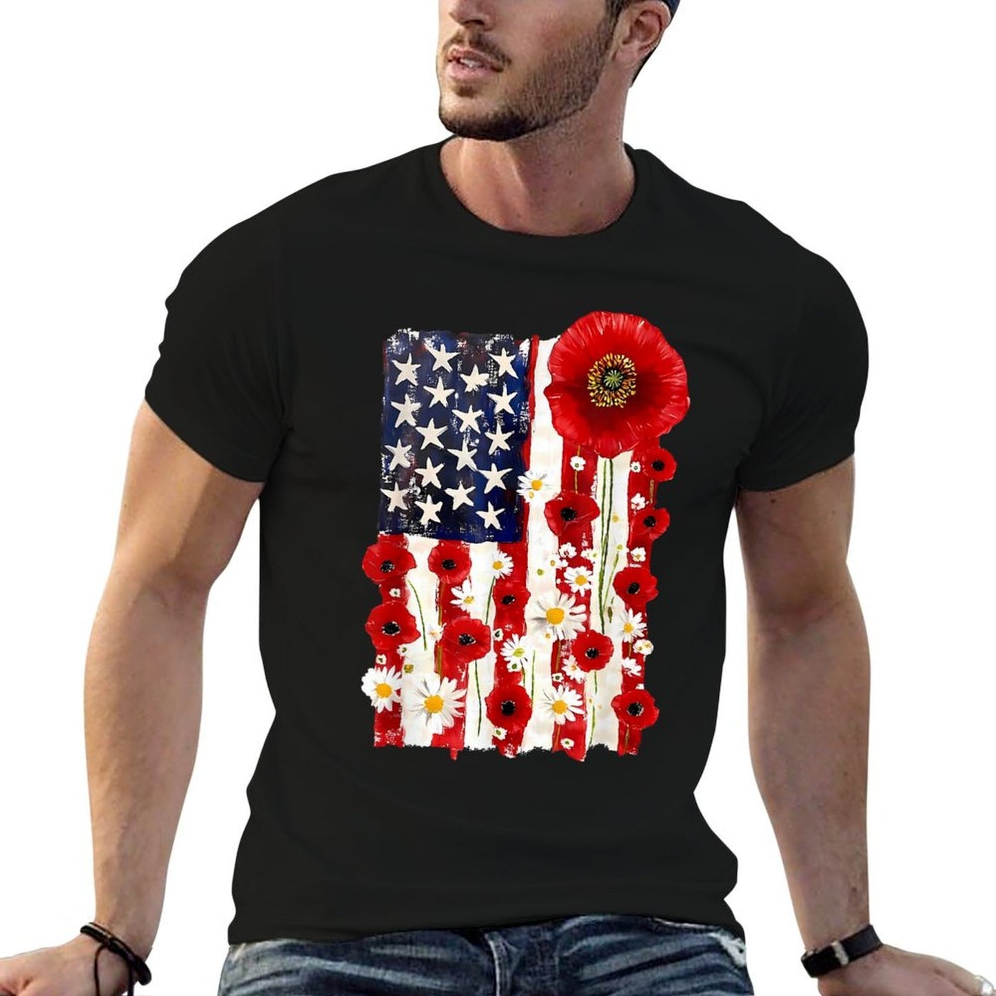 Red Poppy Flower US Patriotic Veterans Day Memorial Day  Heathered Texture T-Shirt