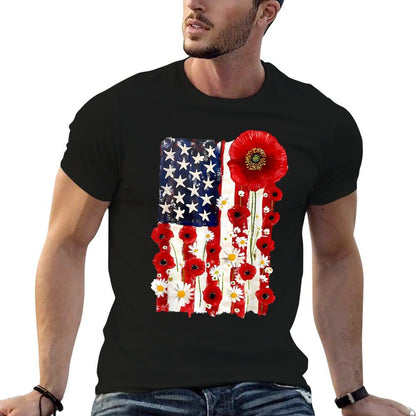 Red Poppy Flower US Patriotic Veterans Day Memorial Day  Heathered Texture T-Shirt