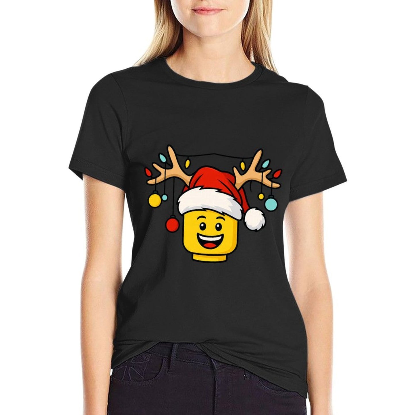 Christmas Building Bricks Head with Santa Hat Antlers Lights  Versatile T-Shirt