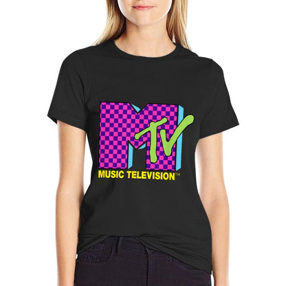 MTV Music Television Retro 80s Neon Pink Checkerboard Logo  Polyester Blend T-Shirt