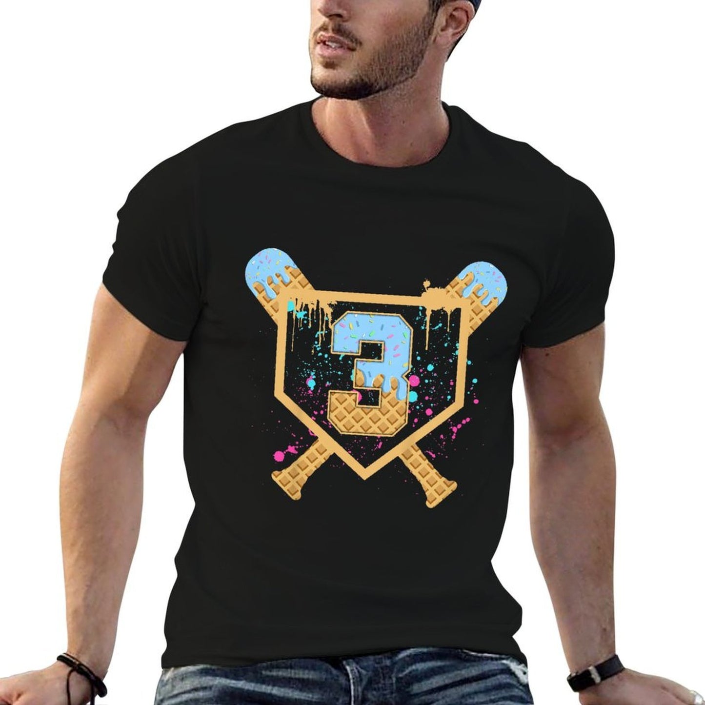Kids Baseball 3 Year Old Ice Cream Drip 3rd Birthday Boy Number 3  Polyester Blend T-Shirt