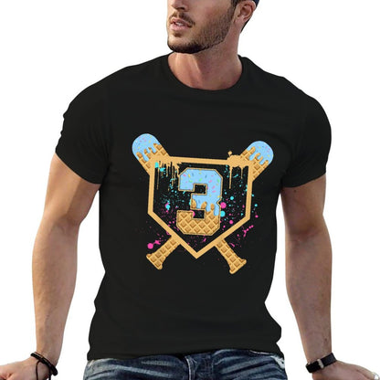 Kids Baseball 3 Year Old Ice Cream Drip 3rd Birthday Boy Number 3  Polyester Blend T-Shirt