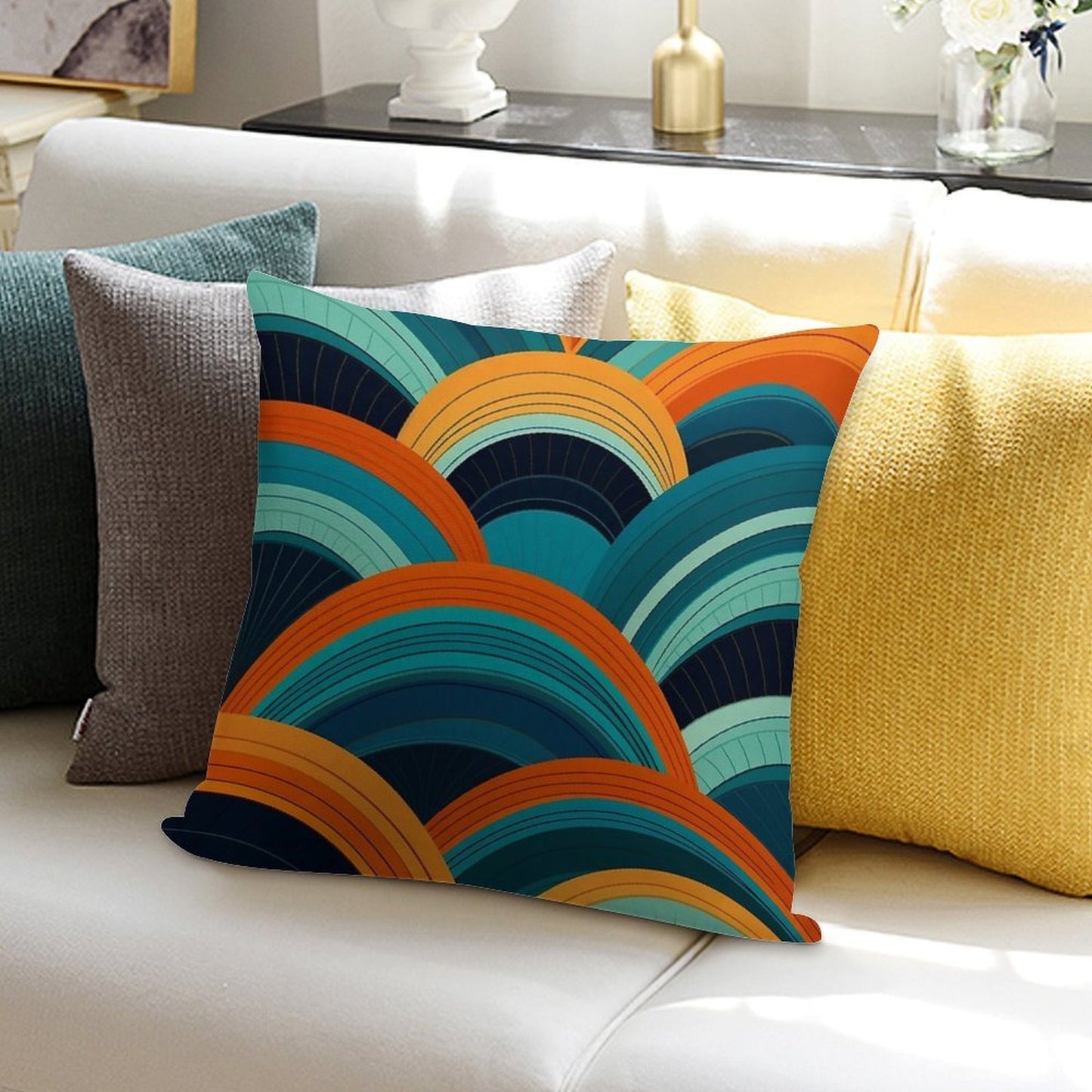 Mid-Century Dreamscape Teal And Orange Curved Lines Pattern Soft Multiple Sizes Throw Pillow