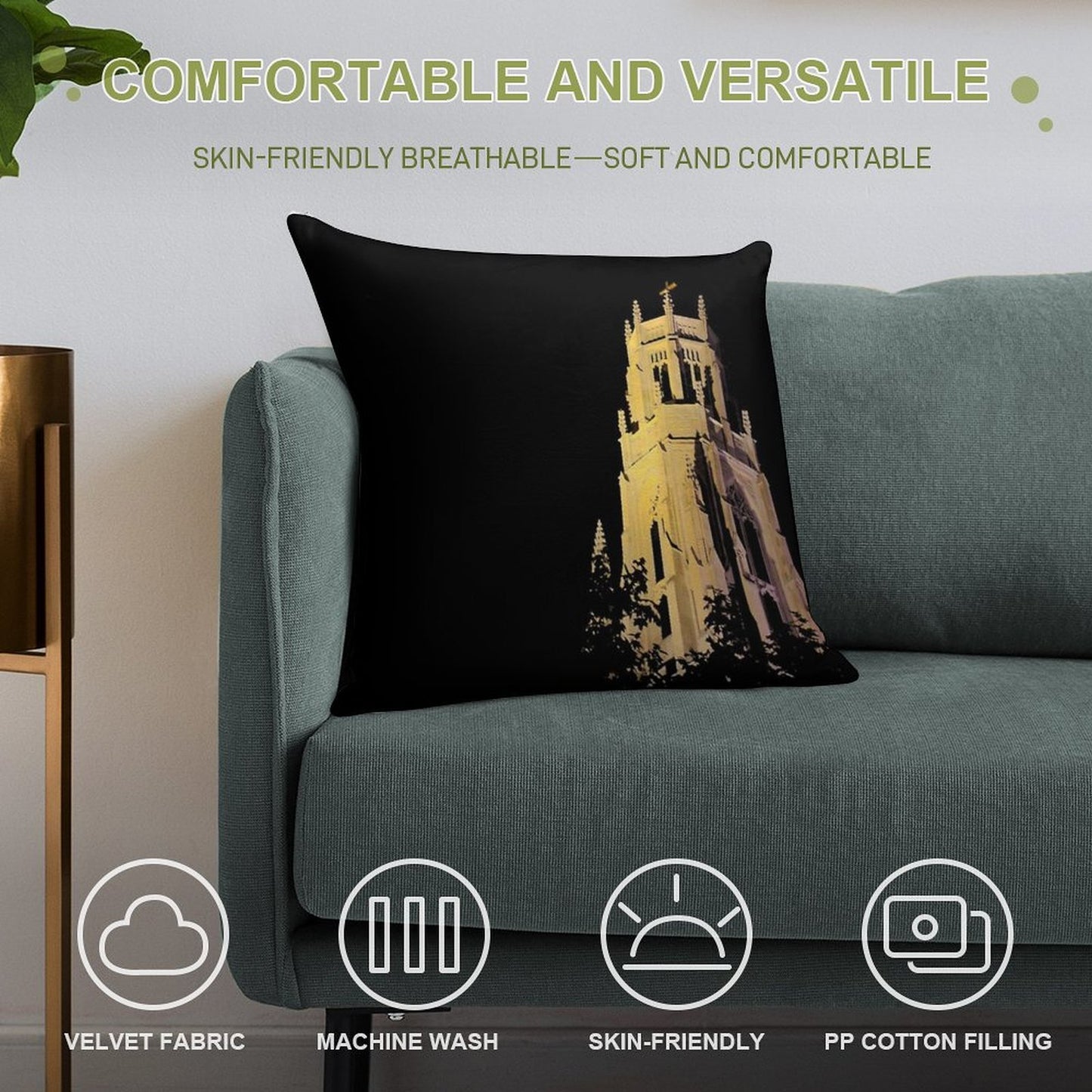 Night Time Glowing Church Soft Shrink-Resistant Throw Pillow