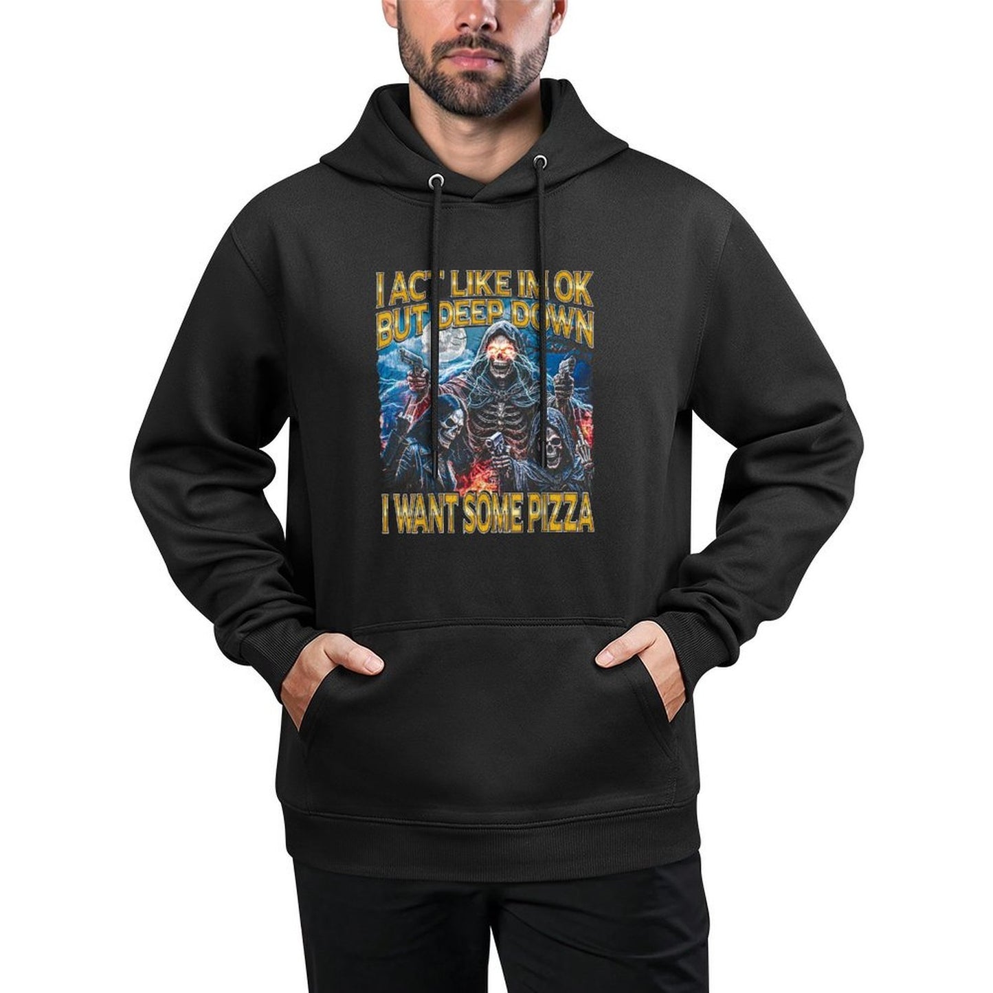 I Want Some Pizza - Horror Bootleg Cool Hard Skeleton Meme Medium-Weight Fabric Hoodie