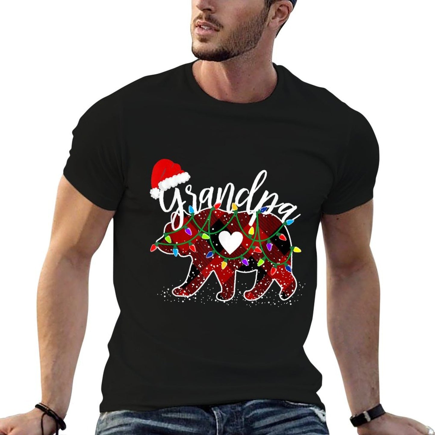 Grandpa Bear Christmas Red Buffalo Plaid Santa Hat Lights  Tagless Design T-Shirt
