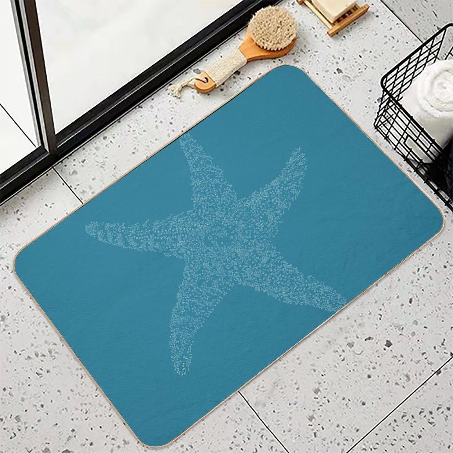 Starfish Bliss - White on Dark Teal  Non-Slip Bath Mat